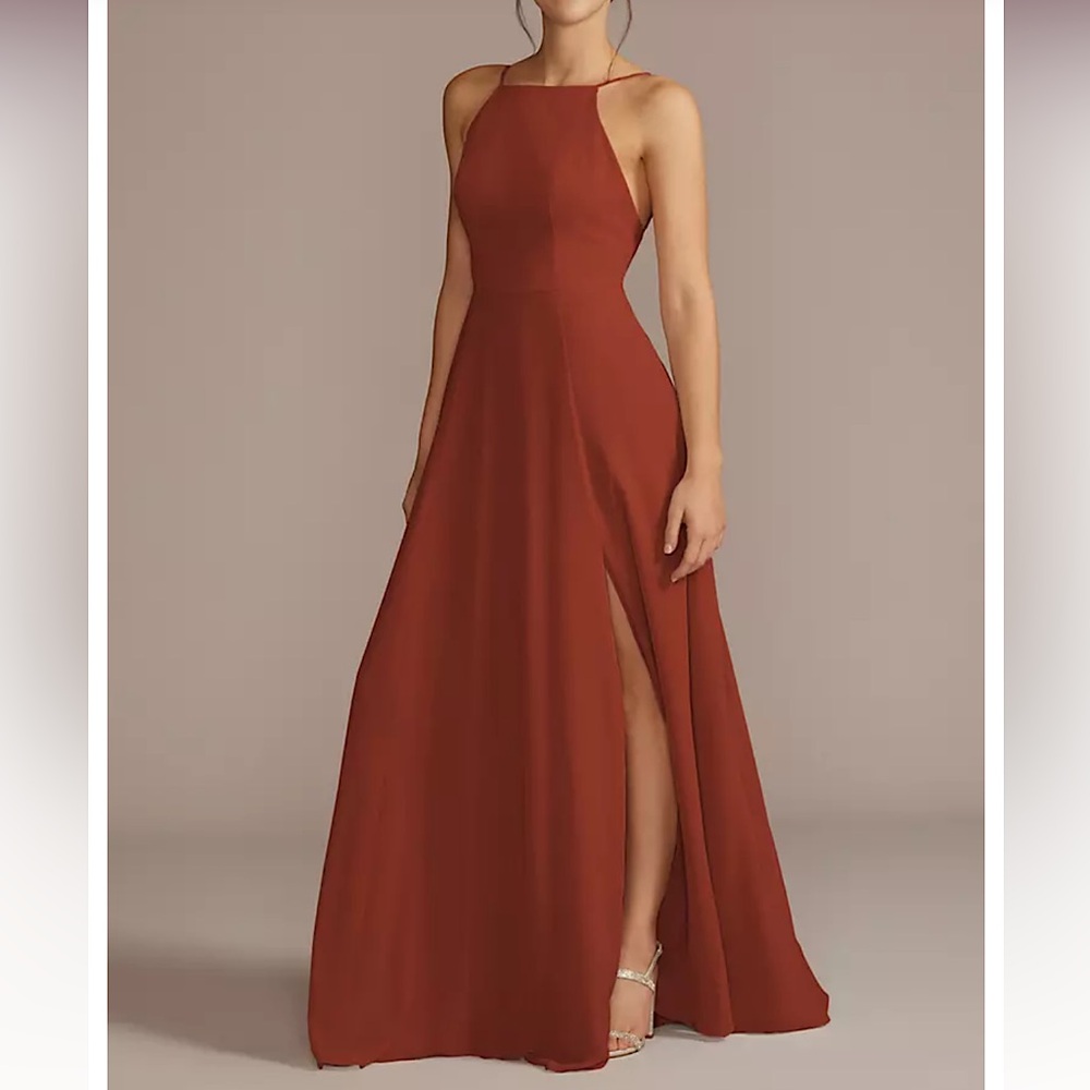 David’s Bridal | Cinnamon Chiffon High-Neck A-Line Dress